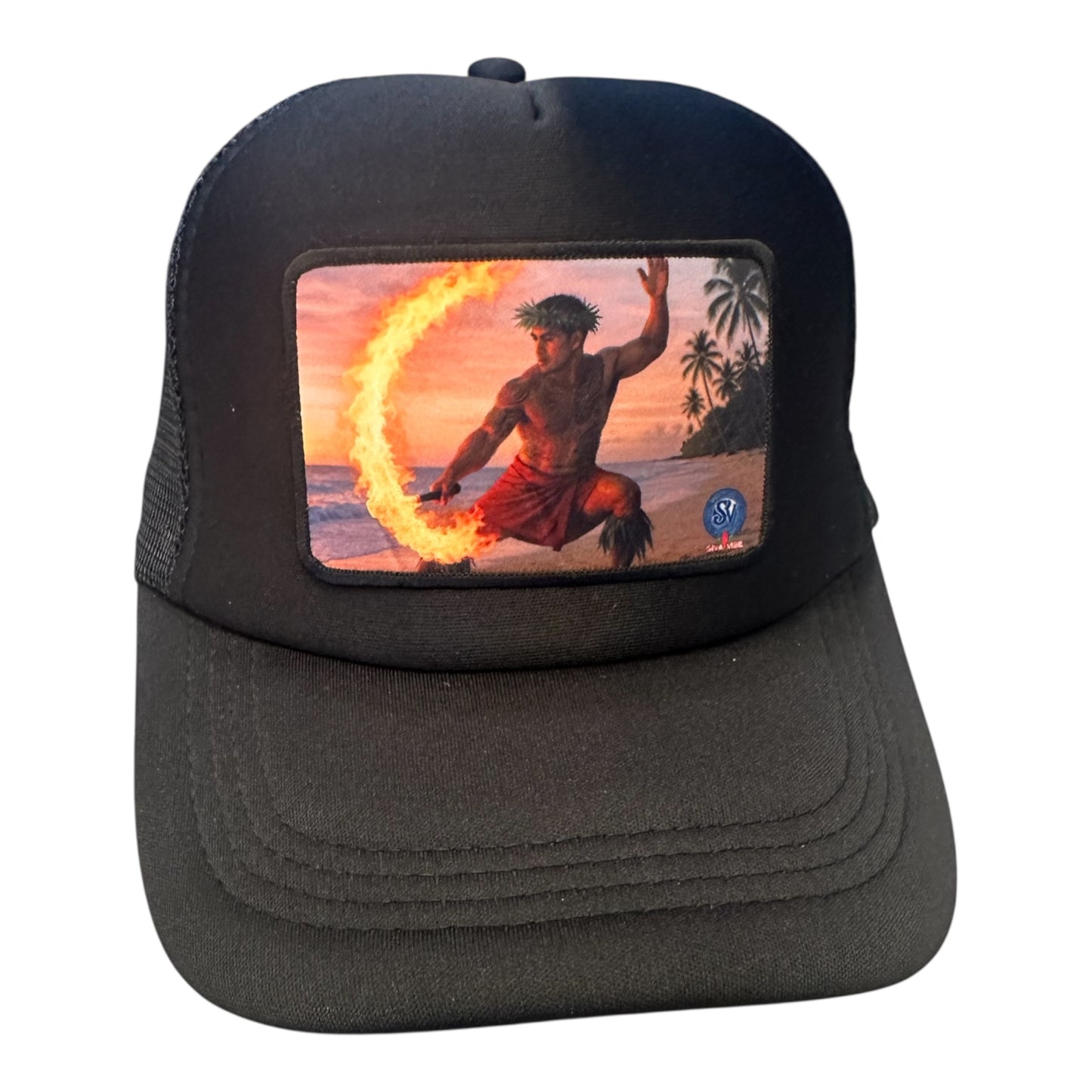 Black trucker hat with Polynesian fire dancer patch at sunset – Siva Afi design by Siva Vibe