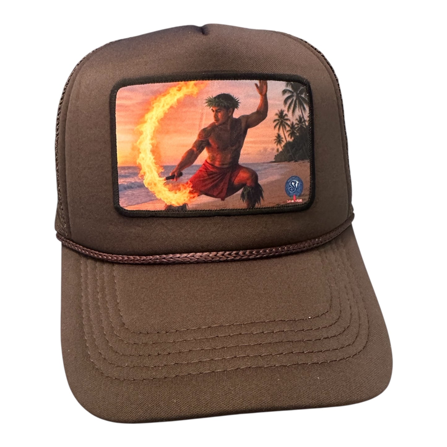 Brown Polynesian-style trucker hat with fire knife dancer patch – Siva Afi by Siva Vibe