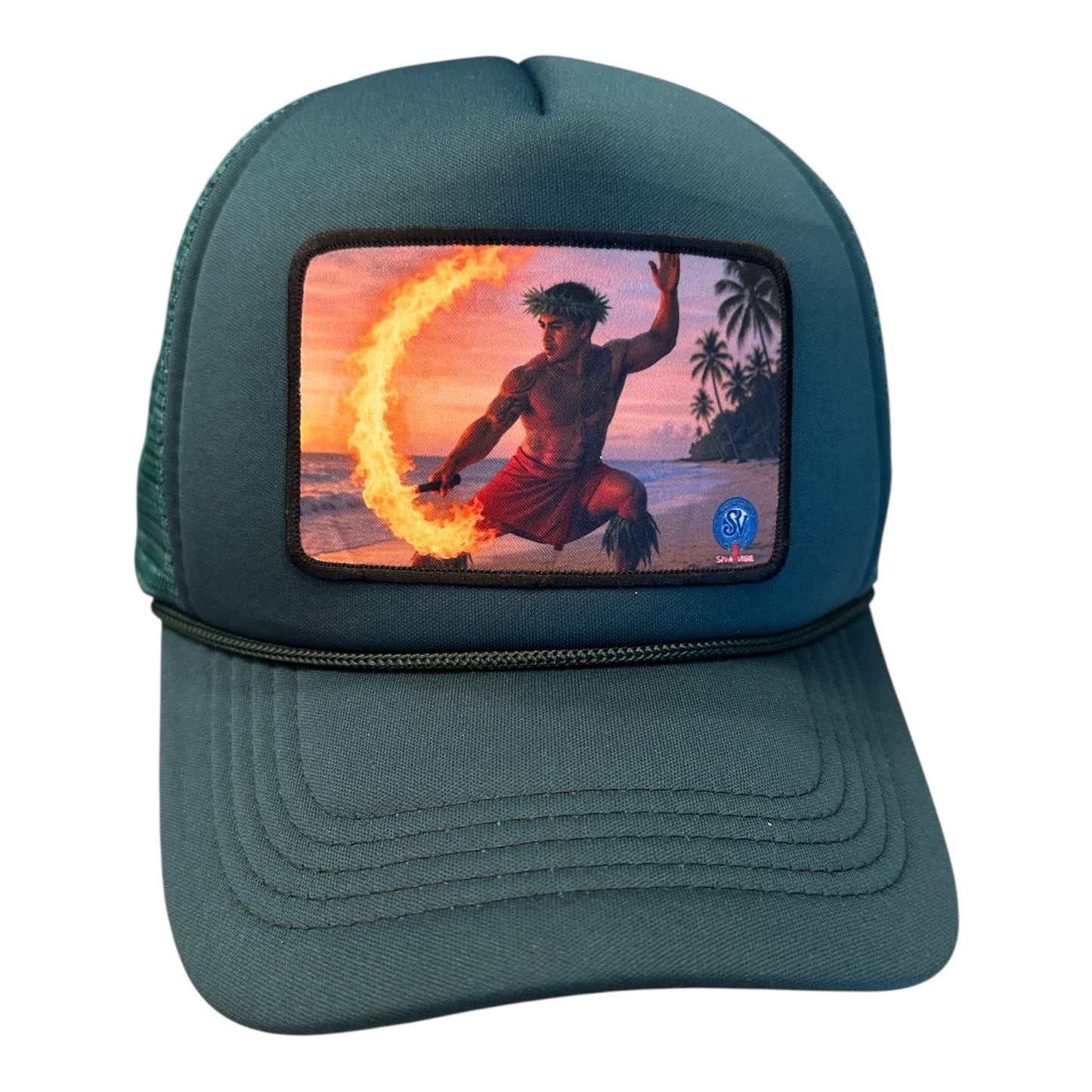 Island green trucker hat featuring a Siva Afi fire dancer at sunset – Siva Vibe brand