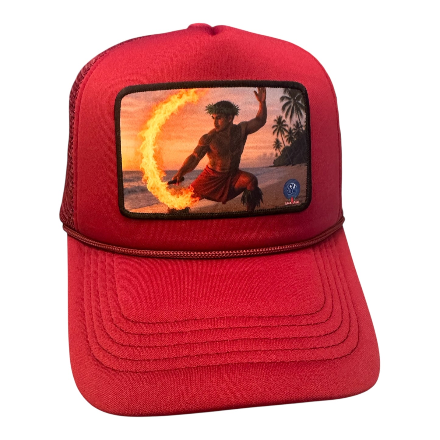 Red snapback hat with sunset fire knife dancer patch – Polynesian Siva Afi by Siva Vibe