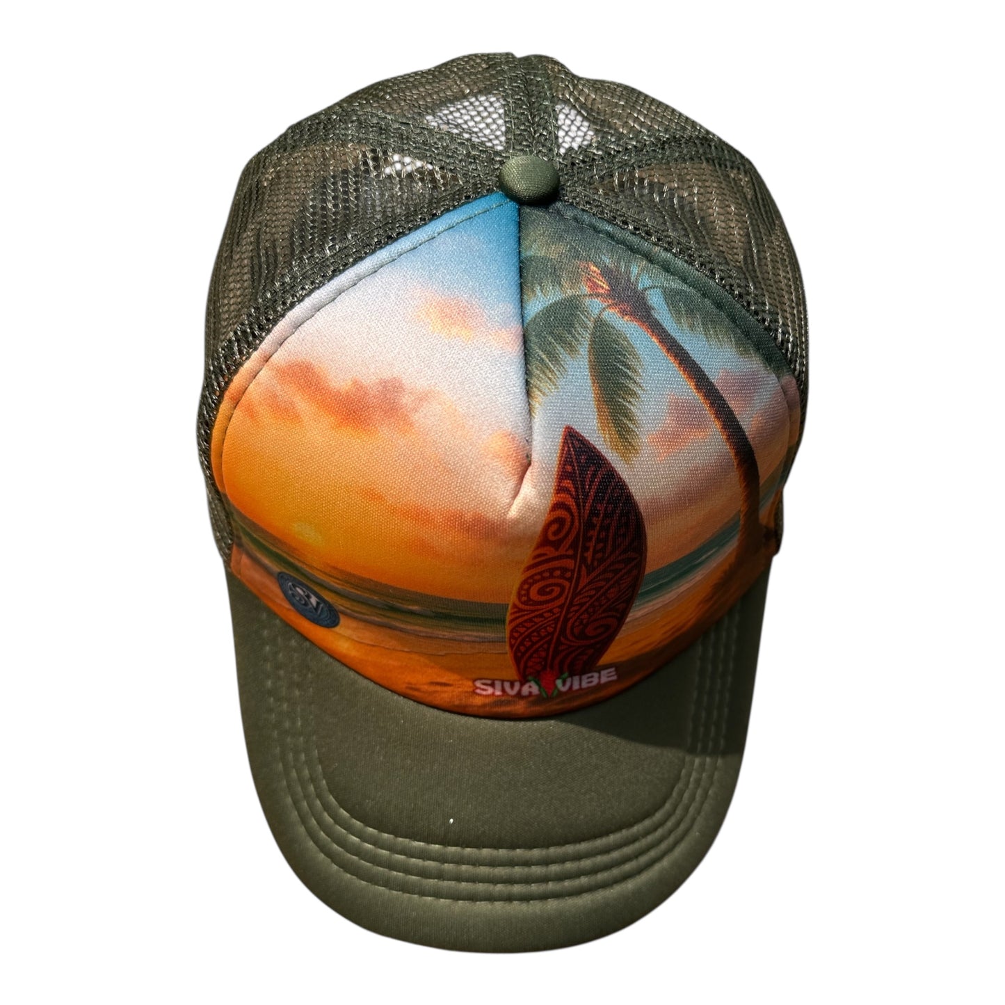 Lifestyle photo of Green Sunset Mana Hat – Polynesian Style Foam Trucker by Siva Vibe