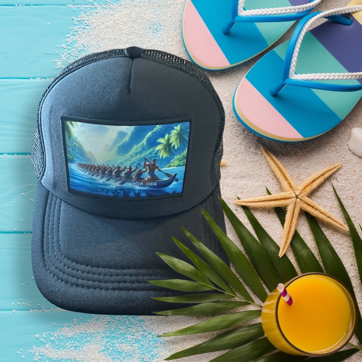 All black Fautasi foam mesh trucker hat by Siva Vibe — sleek island style with bold cultural roots