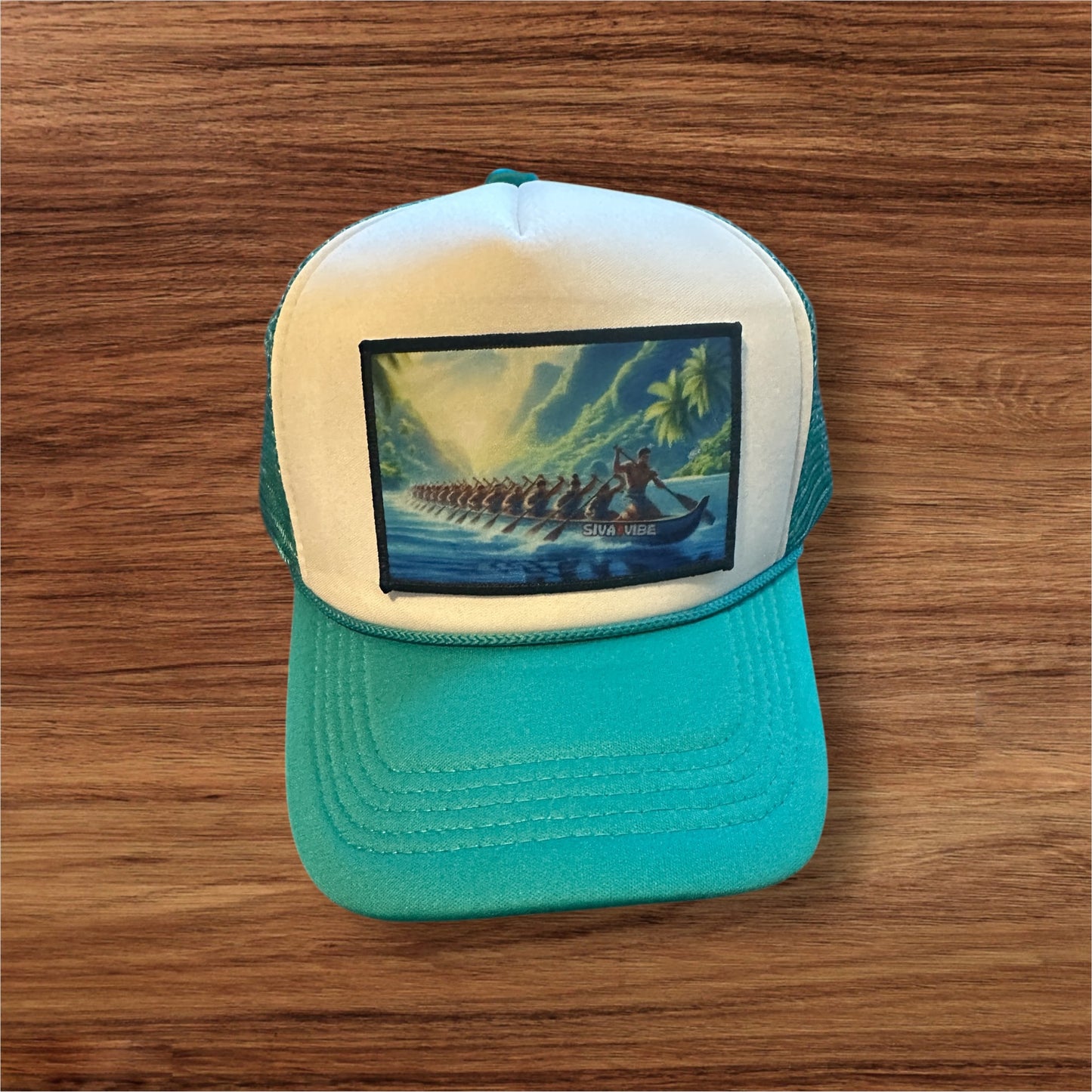 Fautasi foam mesh trucker hat by Siva Vibe with white front and teal bill — tropical and cultural beachwear