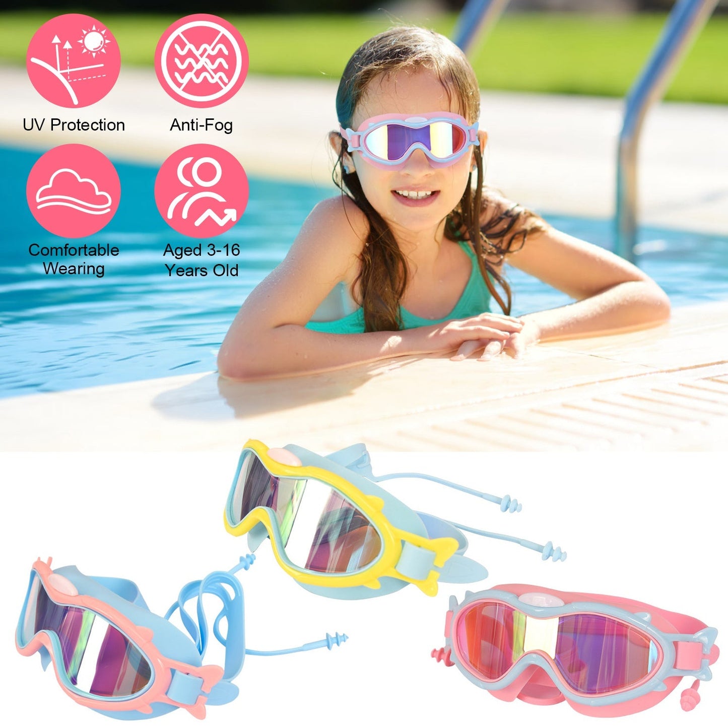 Kids Swim Goggles With Ear Plugs UV Protection Anti-Fog Leak Proof Wide View Pool Swimming Goggles For Youth Boys Girls Aged 3-16 Years Old Summer Bea