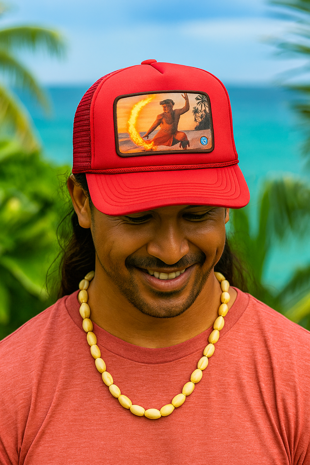 Man wearing a red cap with a graphic design, standing outdoors with greenery and water in the background.