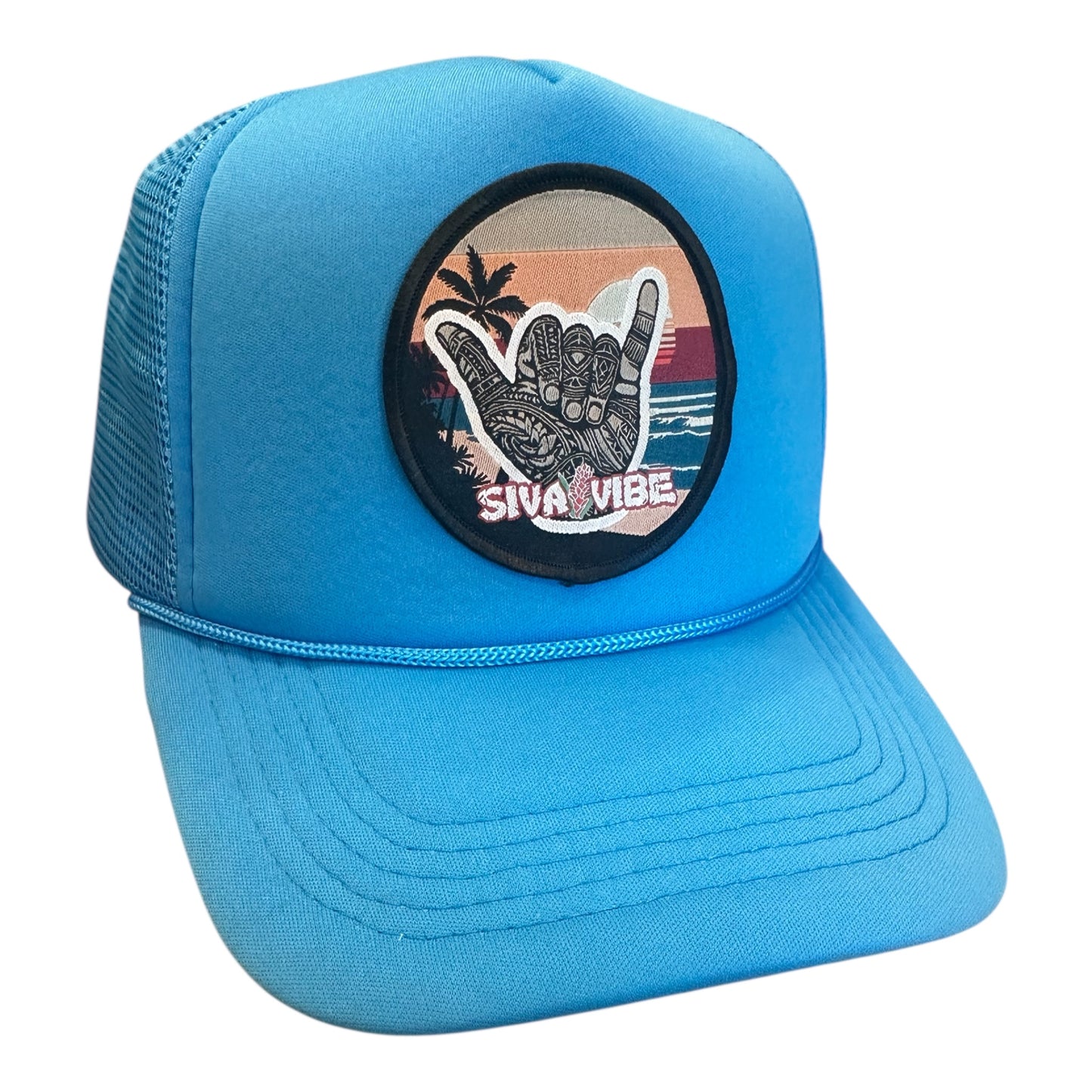 Shaka Blue foam mesh trucker hat by Siva Vibe with tropical island design, perfect for sunny beach days