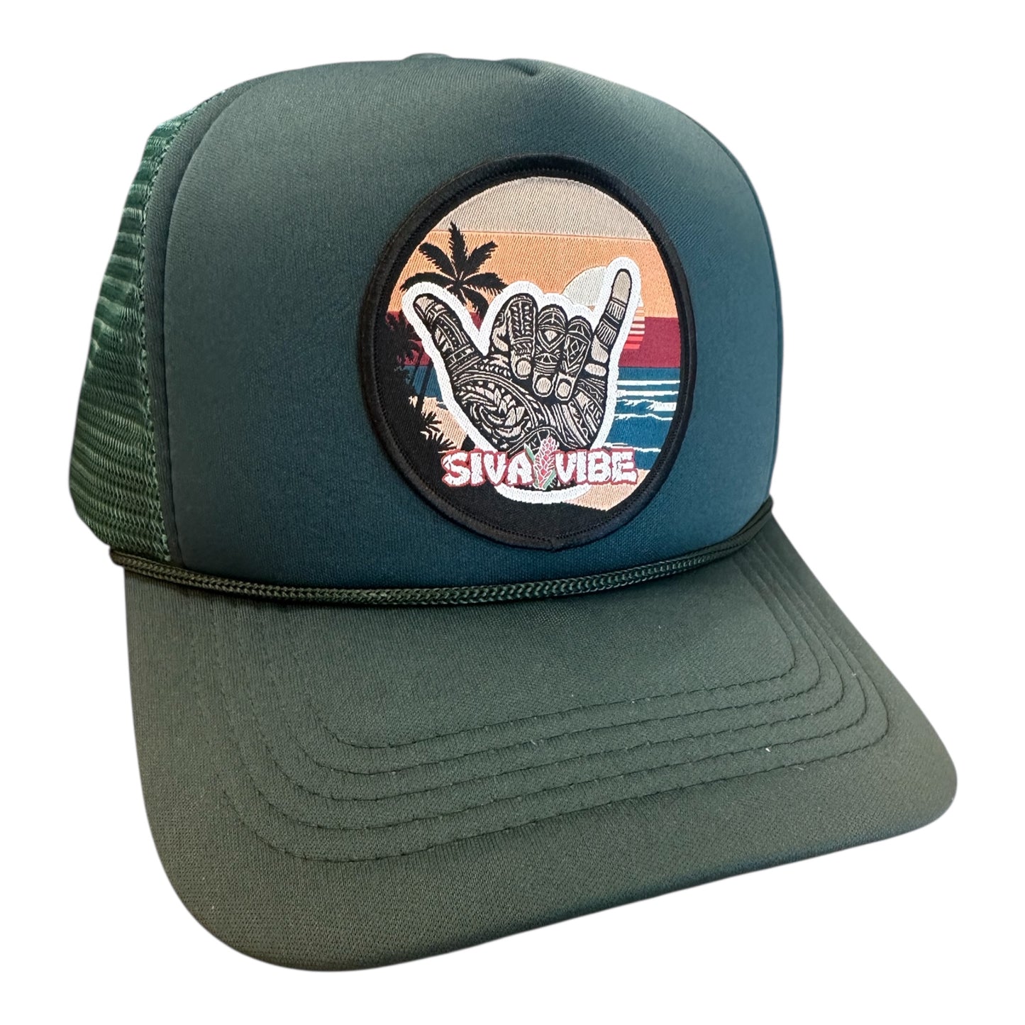 All emerald green Shaka foam trucker hat by Siva Vibe — vibrant island-inspired headwear with tropical flair
