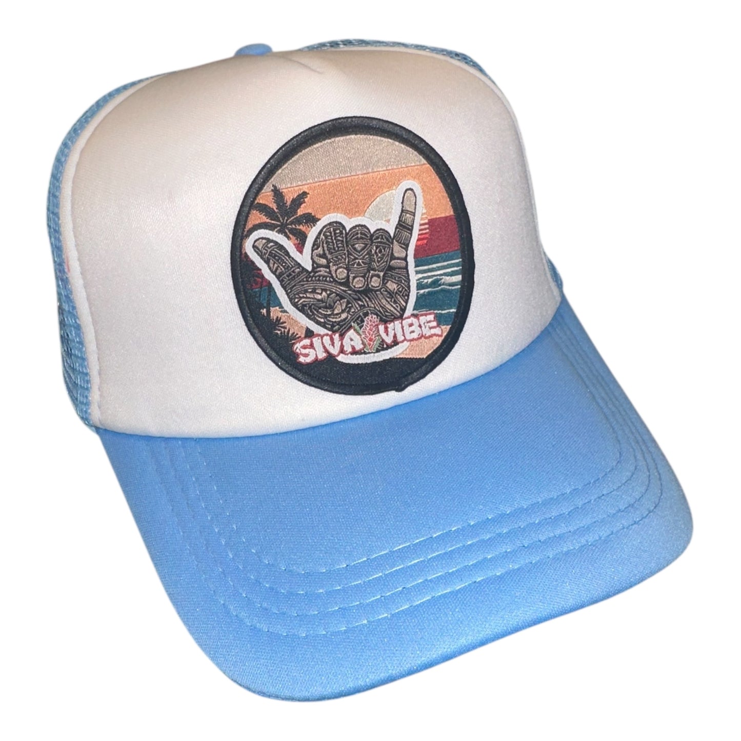 Shaka foam trucker hat by Siva Vibe with white front and baby blue mesh and bill — light and breezy island style