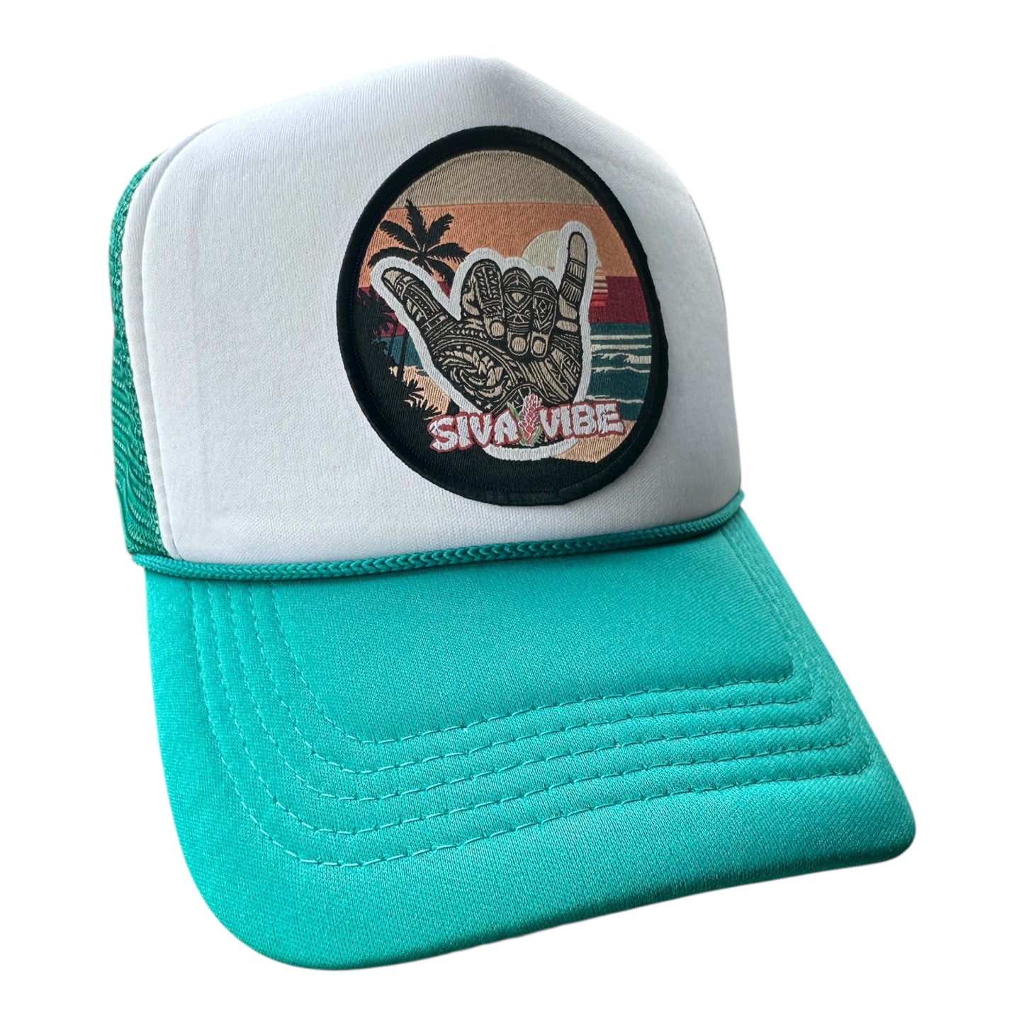 Shaka foam trucker hat by Siva Vibe with white front and teal mesh and bill — fresh island vibes with a cool coastal look