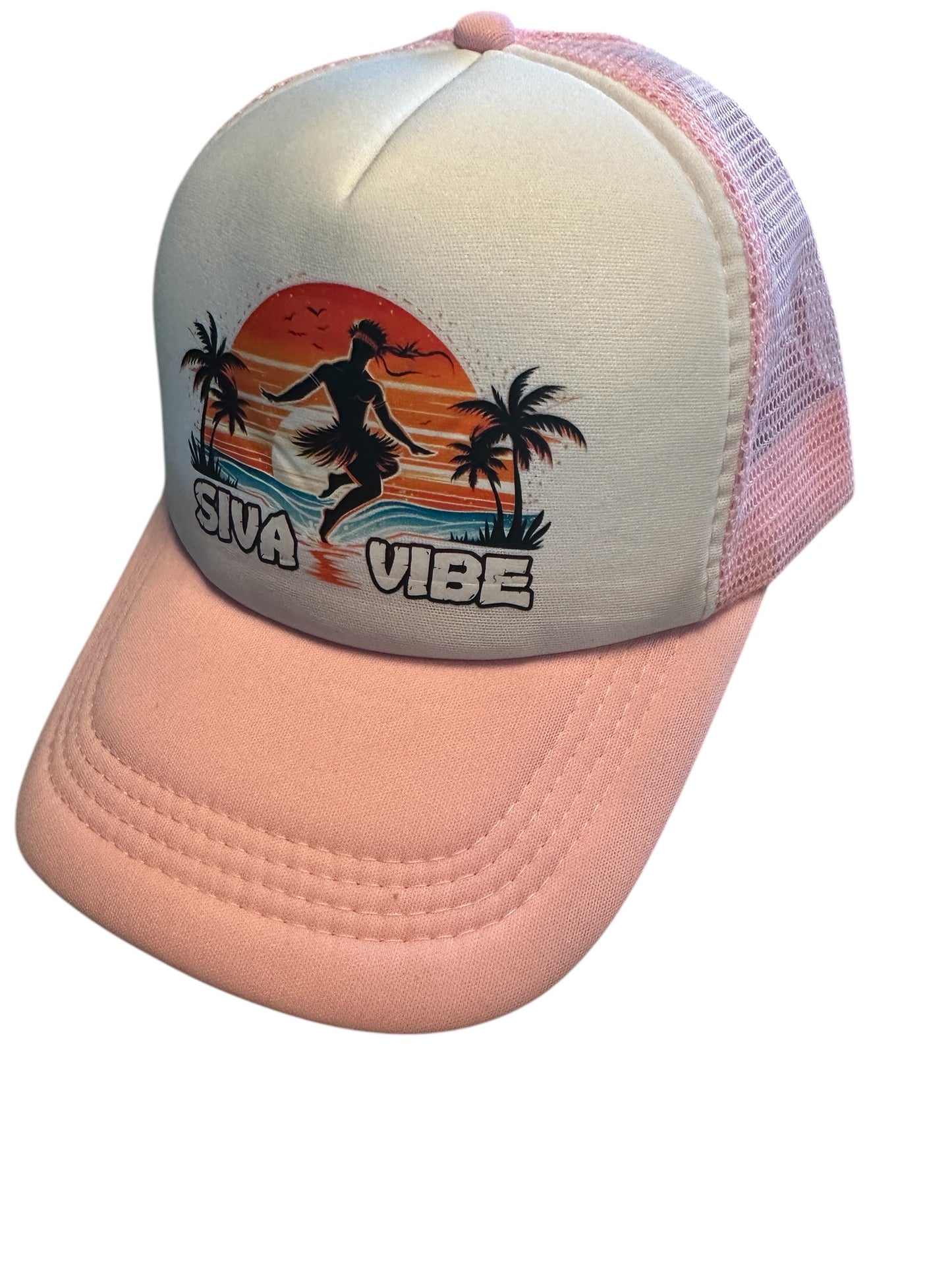 Siva Vibe trucker hat with white front and pink bill — breathable mesh and sublimated Polynesian-style logo print