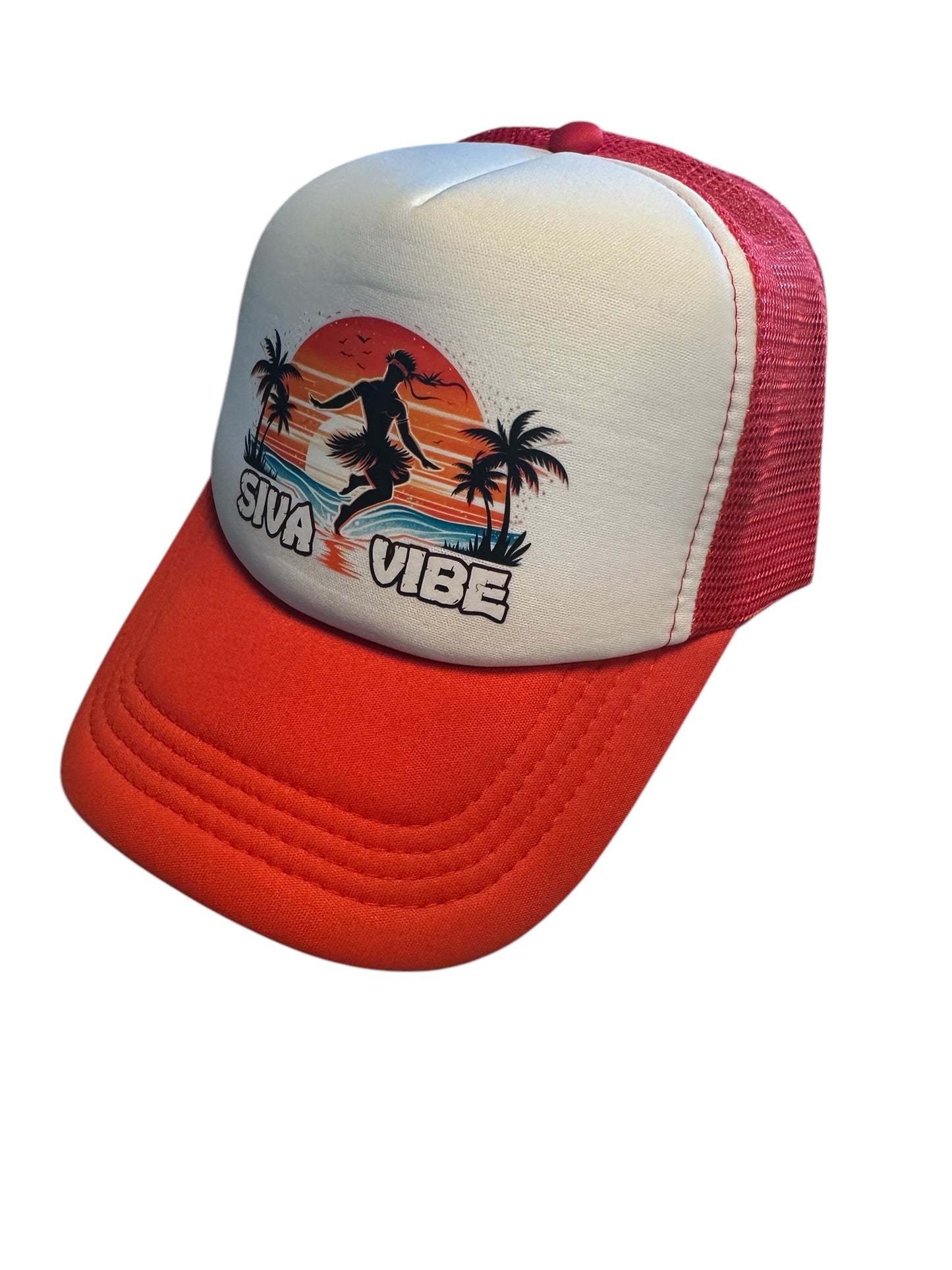 Siva Vibe logo foam trucker hat with white front and red bill — island-inspired brand style with sublimated cultural artwork
