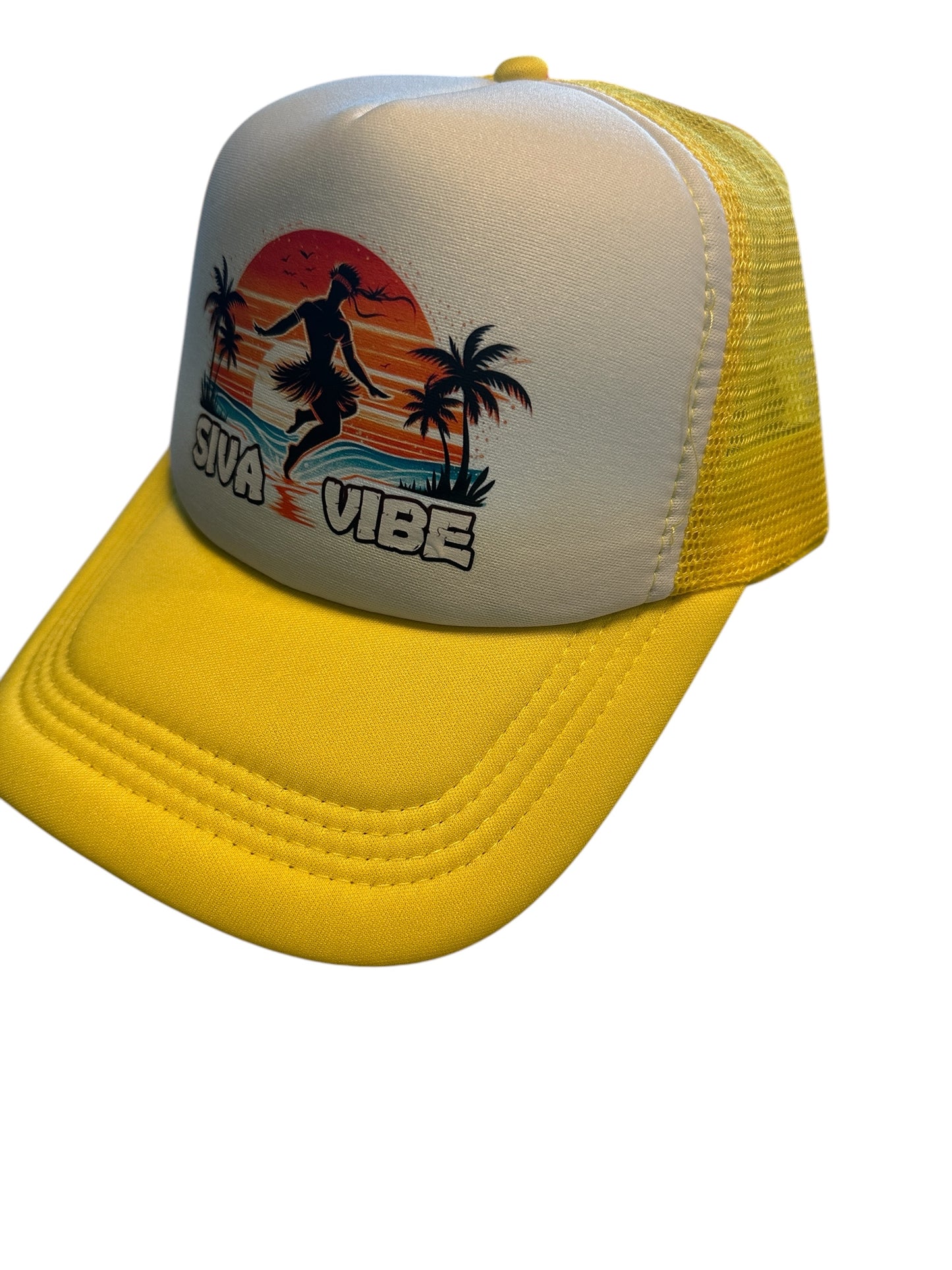 Siva Vibe foam mesh trucker hat with white front and yellow bill — tropical island vibes with sublimated cultural logo