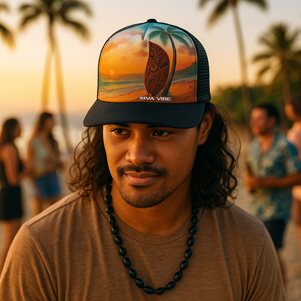 Polynesian man wearing Siva Vibe Sunset Mana trucker hat at a beach party during sunset with palm trees in the background.