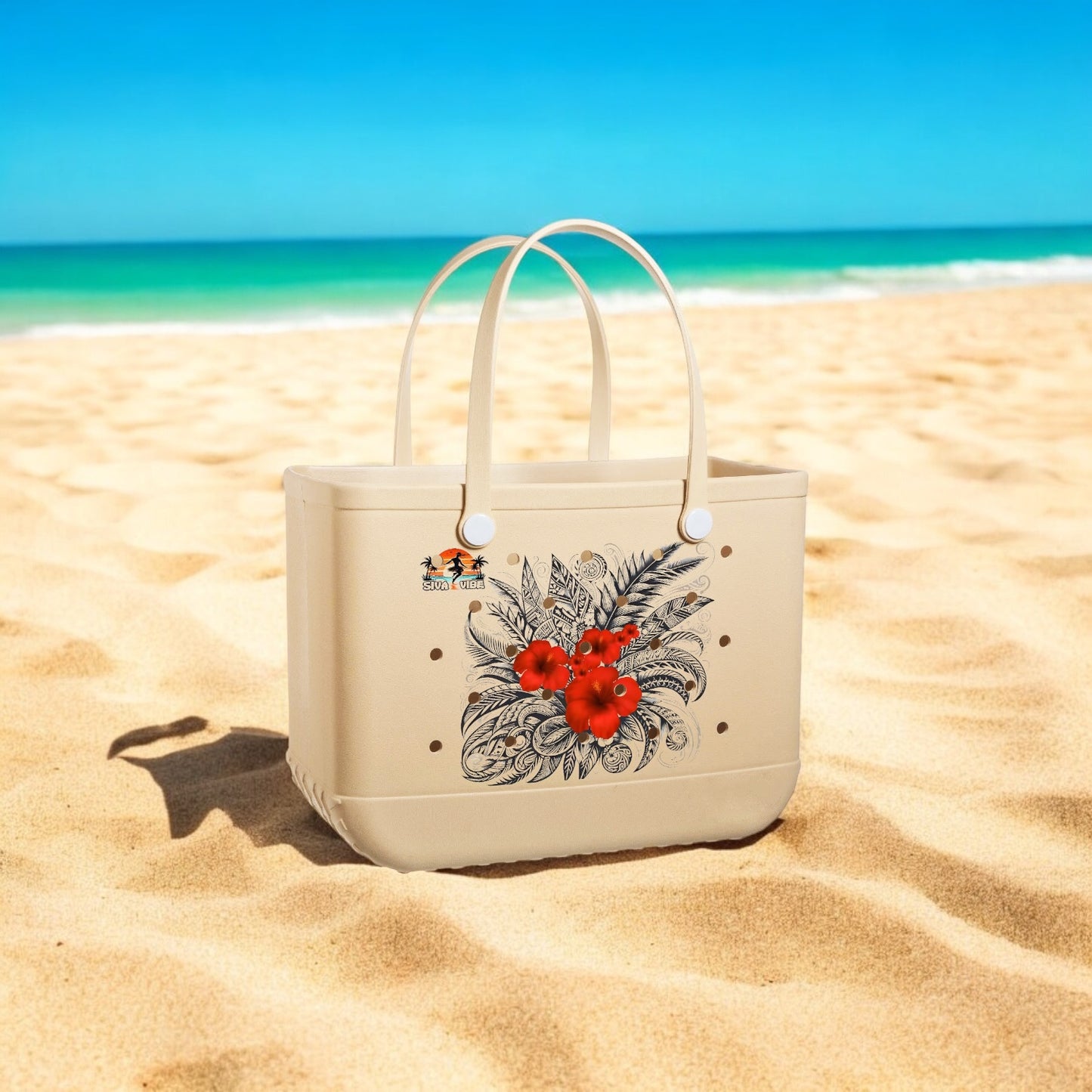 Siva Vibe XL EVA beach bag resting on sand — lightweight, waterproof tote for beach, pool, or travel