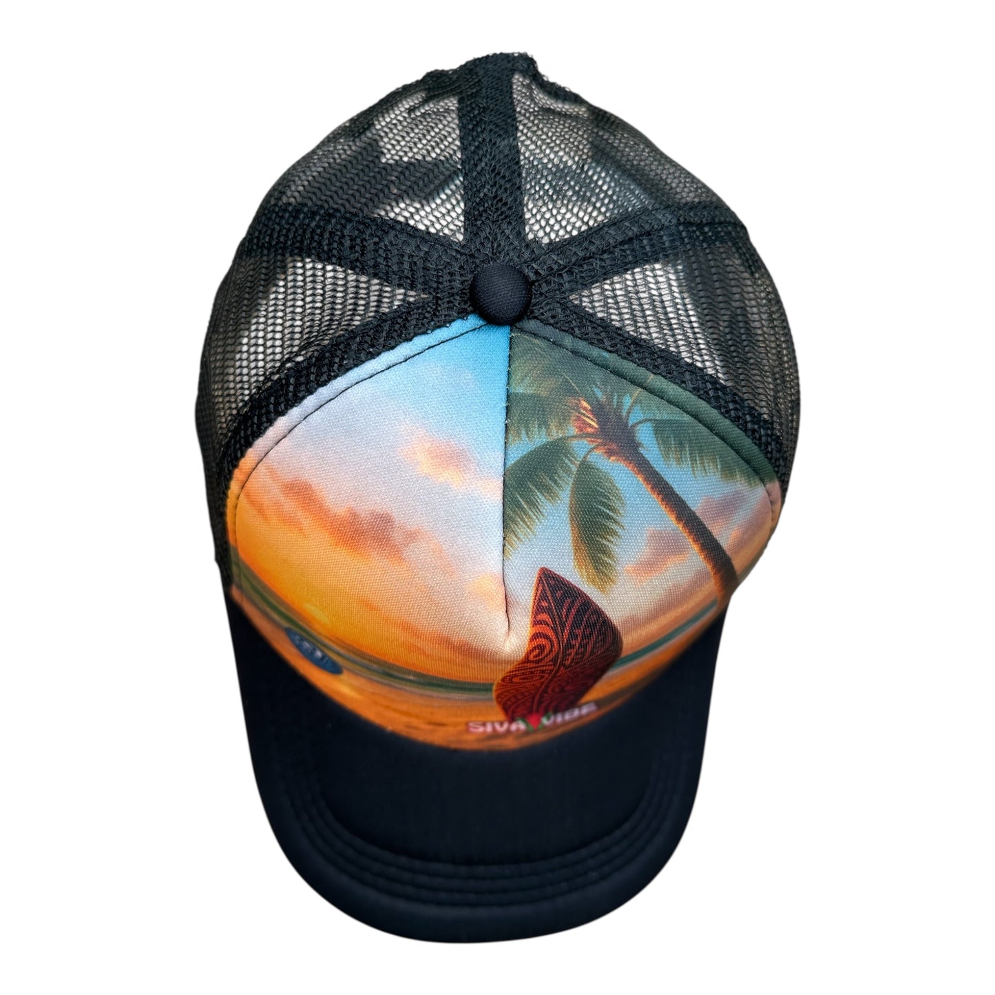 Angled shot of Black Sunset Mana Trucker Hat – Tropical Foam Cap by Siva Vibe