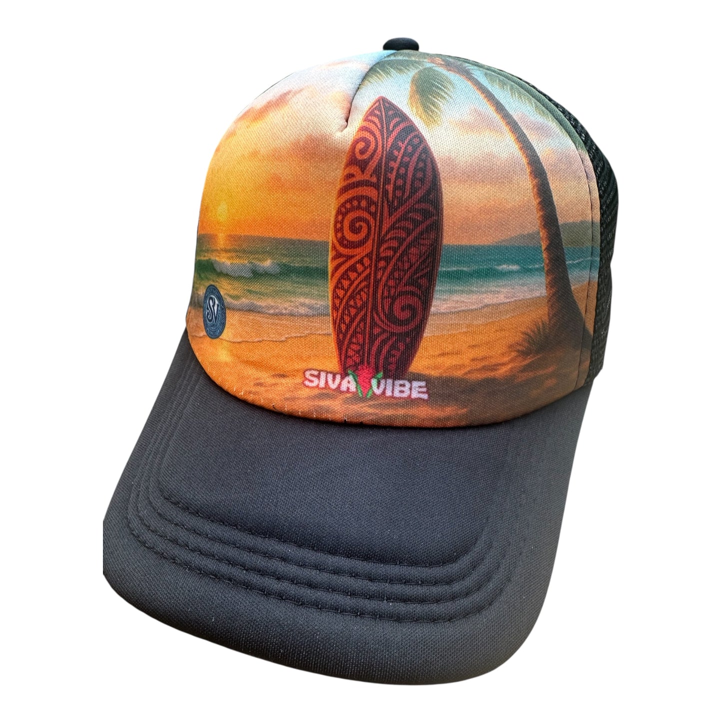 Sunset Mana Foam Trucker Hat in Black – Front View – Polynesian Surf Style by Siva Vibe