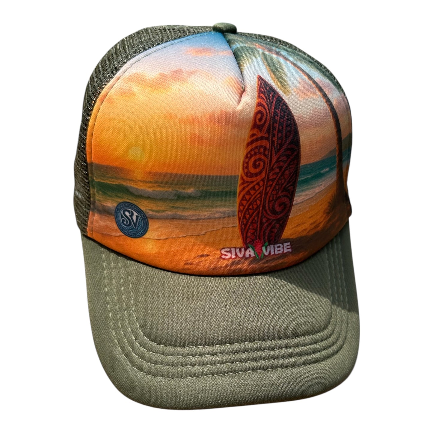 Angled shot of Green Sunset Mana Trucker Hat – Tropical Foam Cap by Siva Vibe