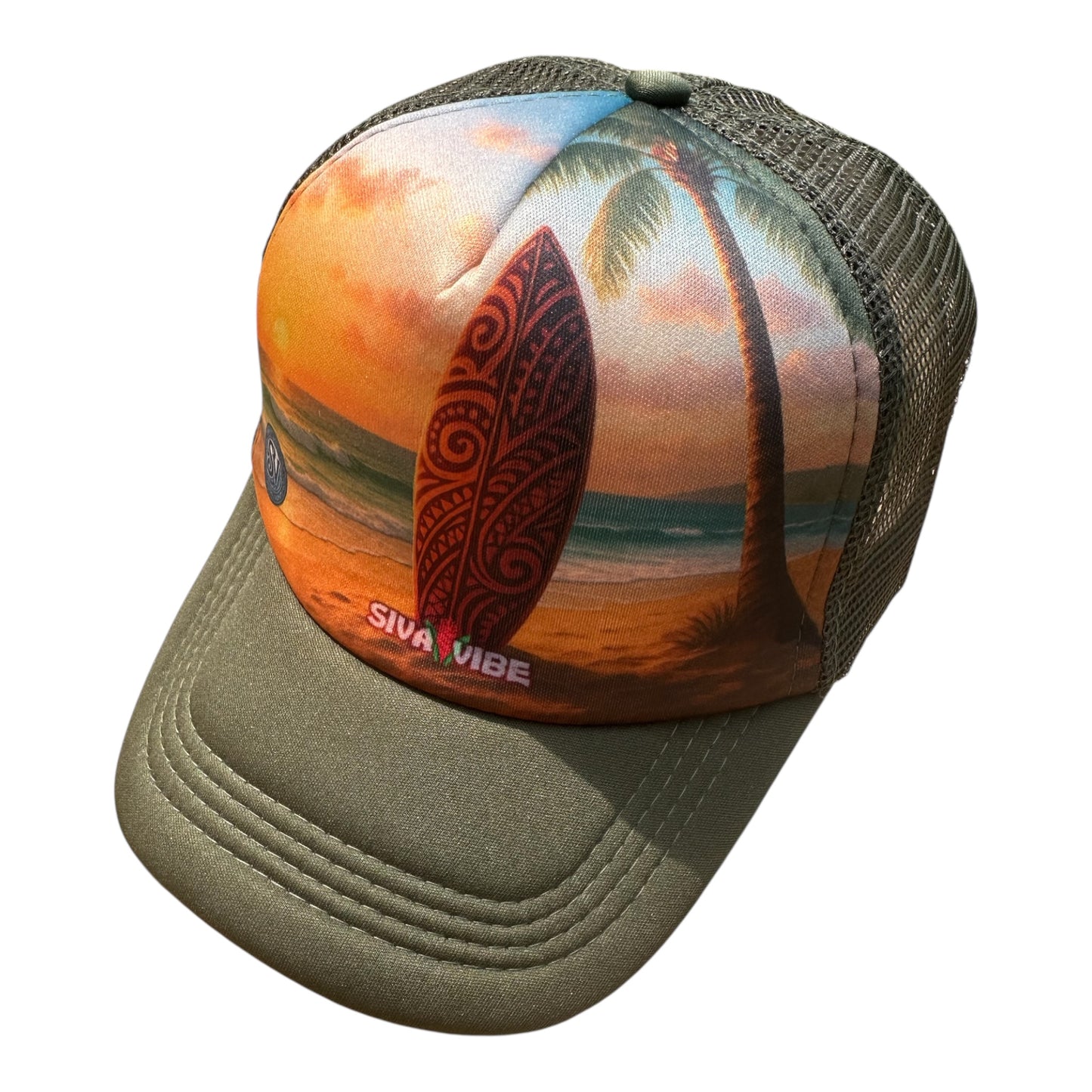 Side view of Green Sunset Mana Trucker Hat – Island-Inspired Surf Cap by Siva Vibe