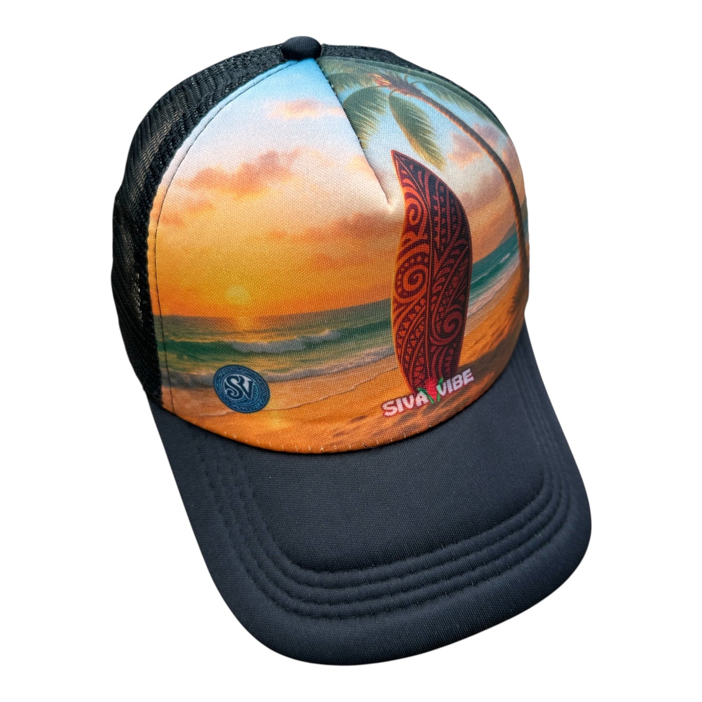 Lifestyle photo of Black Sunset Mana Hat – Polynesian Style Foam Trucker by Siva Vibe