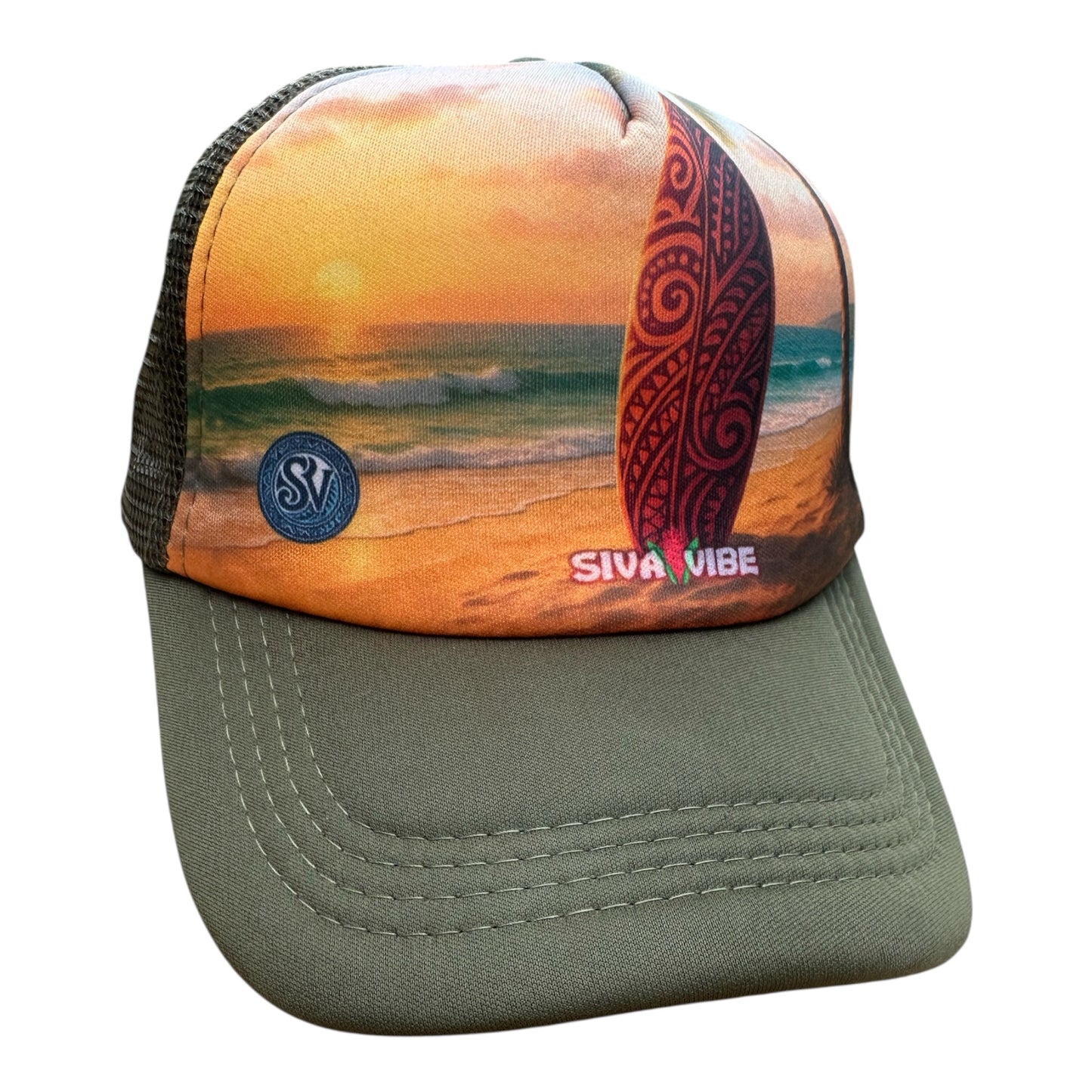 Sunset Mana Foam Trucker Hat in Green – Front View – Polynesian Surf Style by Siva Vibe