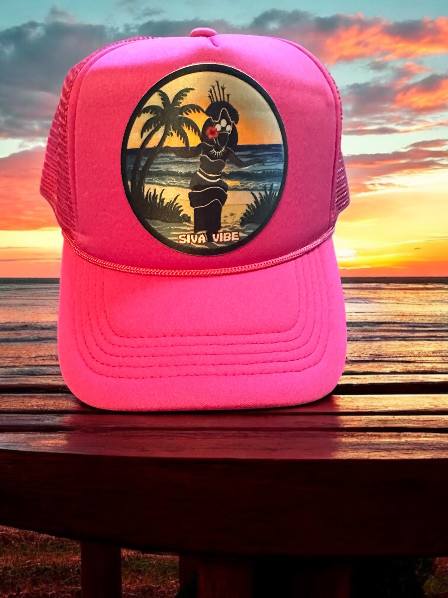 Siva Vibe foam trucker hat in all pink with Samoan Taupou embroidered patch — fun tropical style with cultural roots