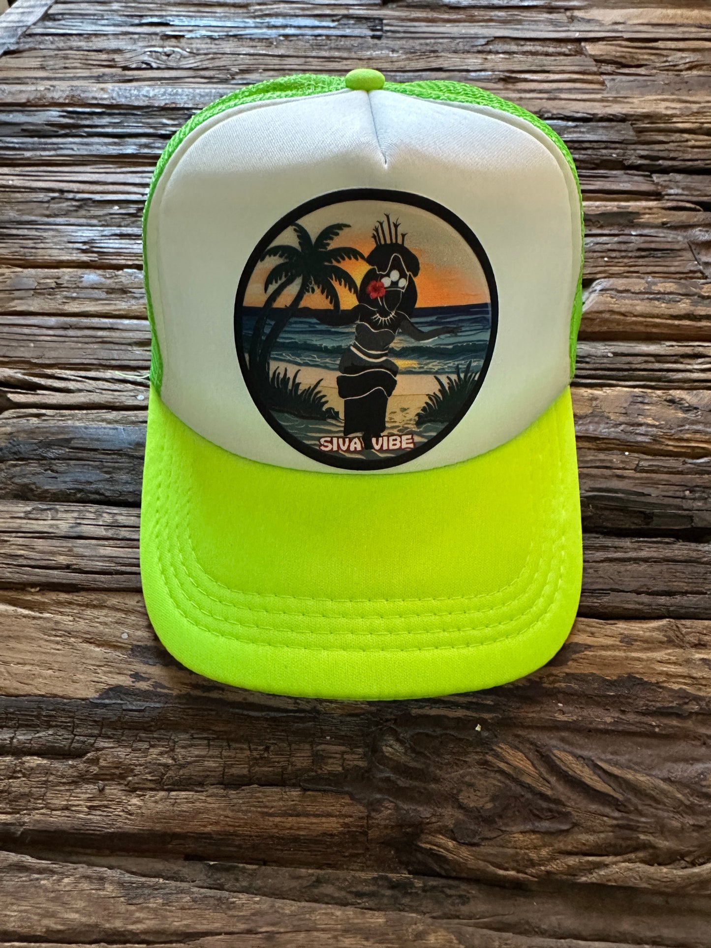 Samoan Taupou patch hat by Siva Vibe with bright neon yellow mesh — bold tropical headwear with cultural flair