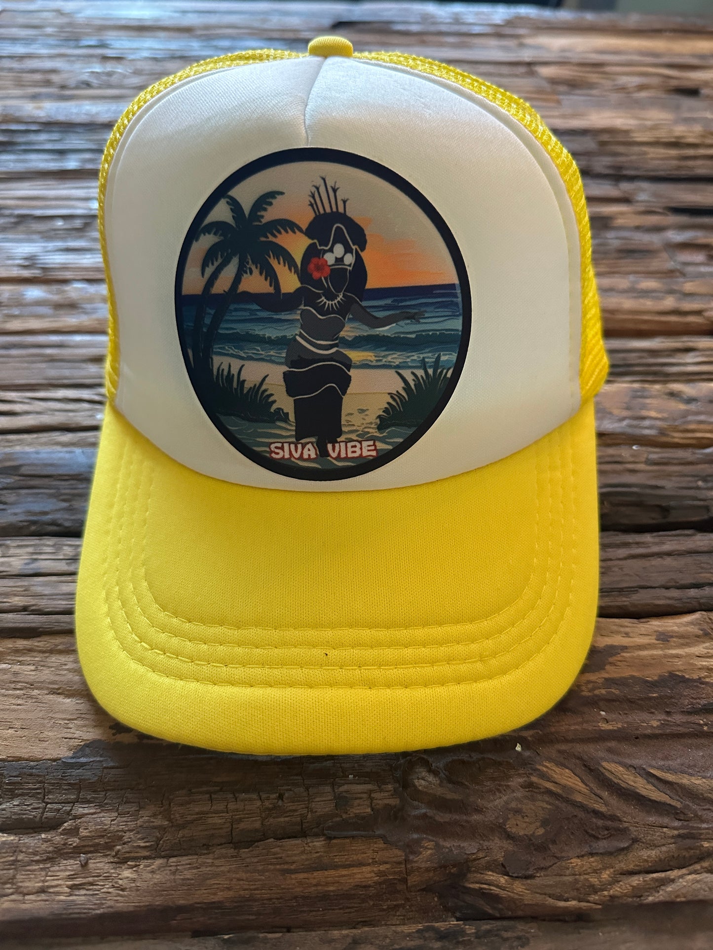 Siva Vibe Taupou patch trucker hat with white front and yellow mesh — vibrant island-style with Samoan culture