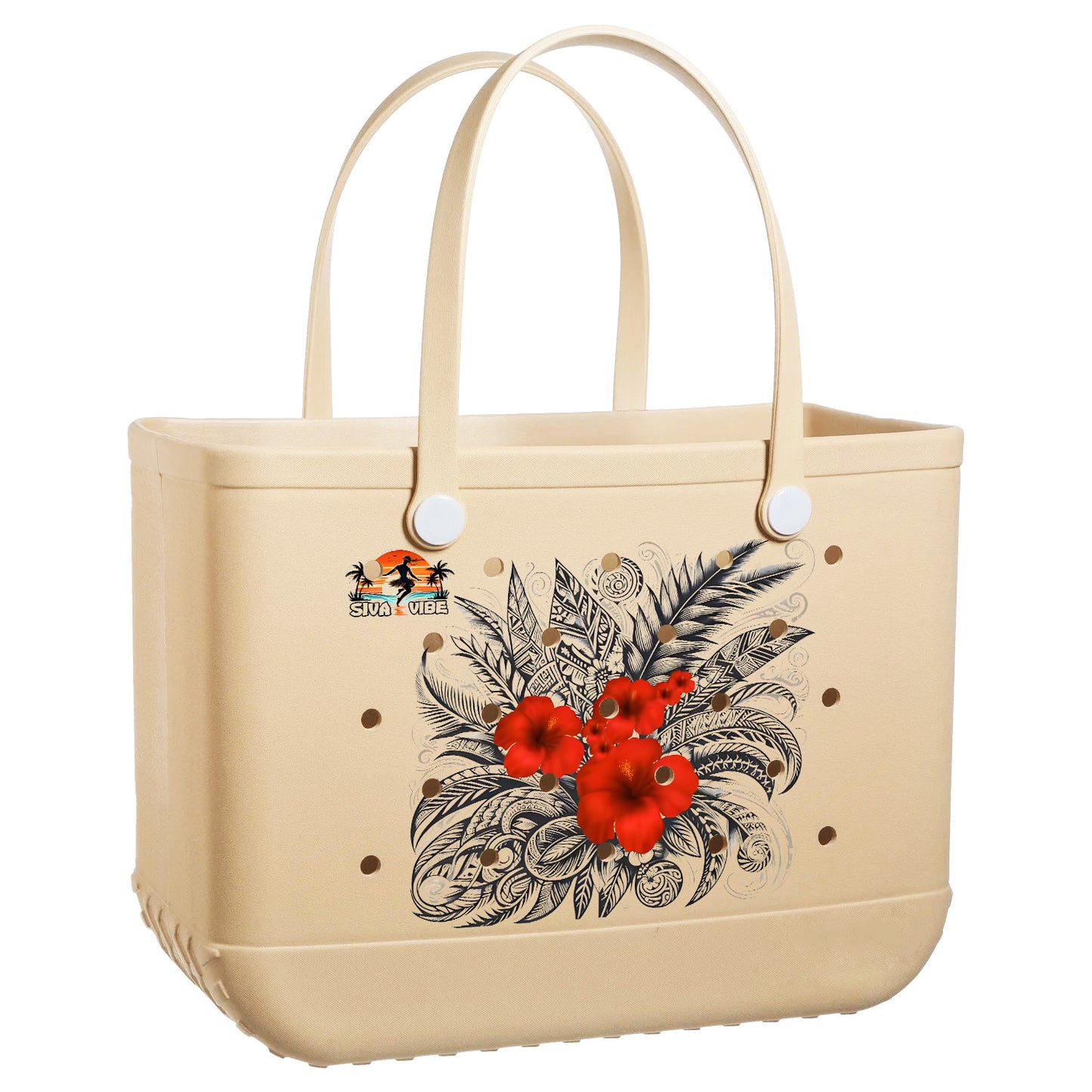 Beach / Pool Bag with Polynesian Hibiscus Print –X Large (18" x 13")Rubber(EVA) -Washable Tote