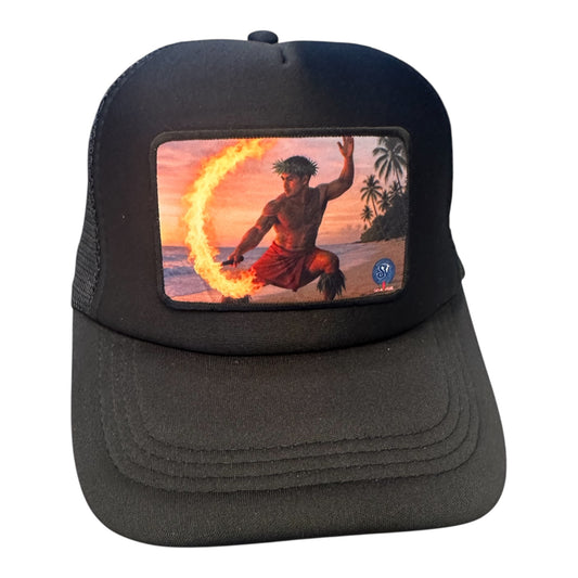 Black trucker hat with Polynesian fire dancer patch at sunset – Siva Afi design by Siva Vibe