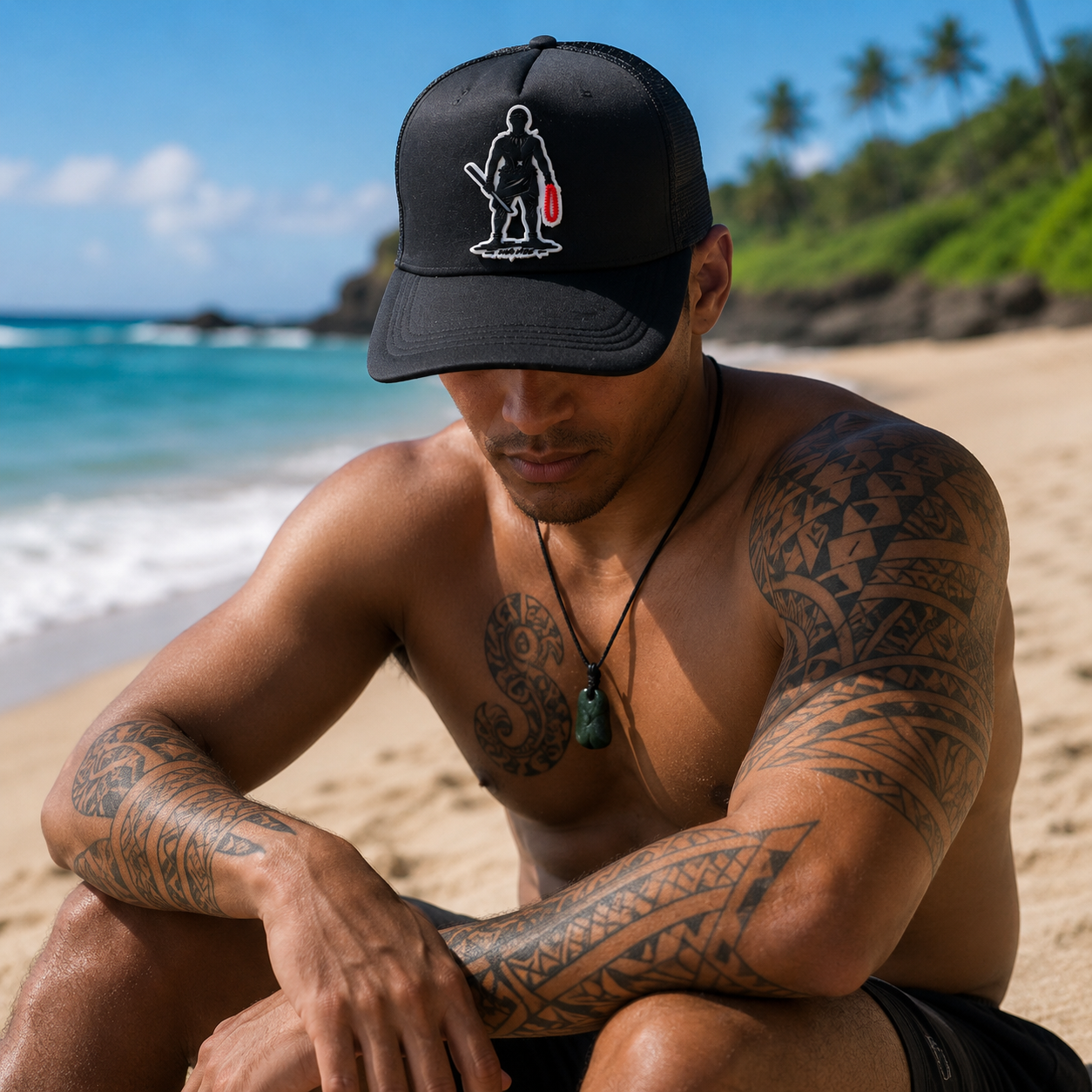 Manaia XL Trucker Hat – Polynesian Warrior Rubber Patch | Island Vibes Collection