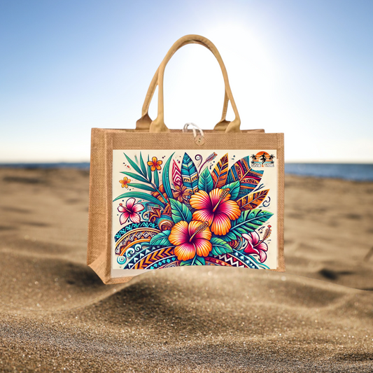 Polynesian Print Jute Beach Bag – 18"x13"