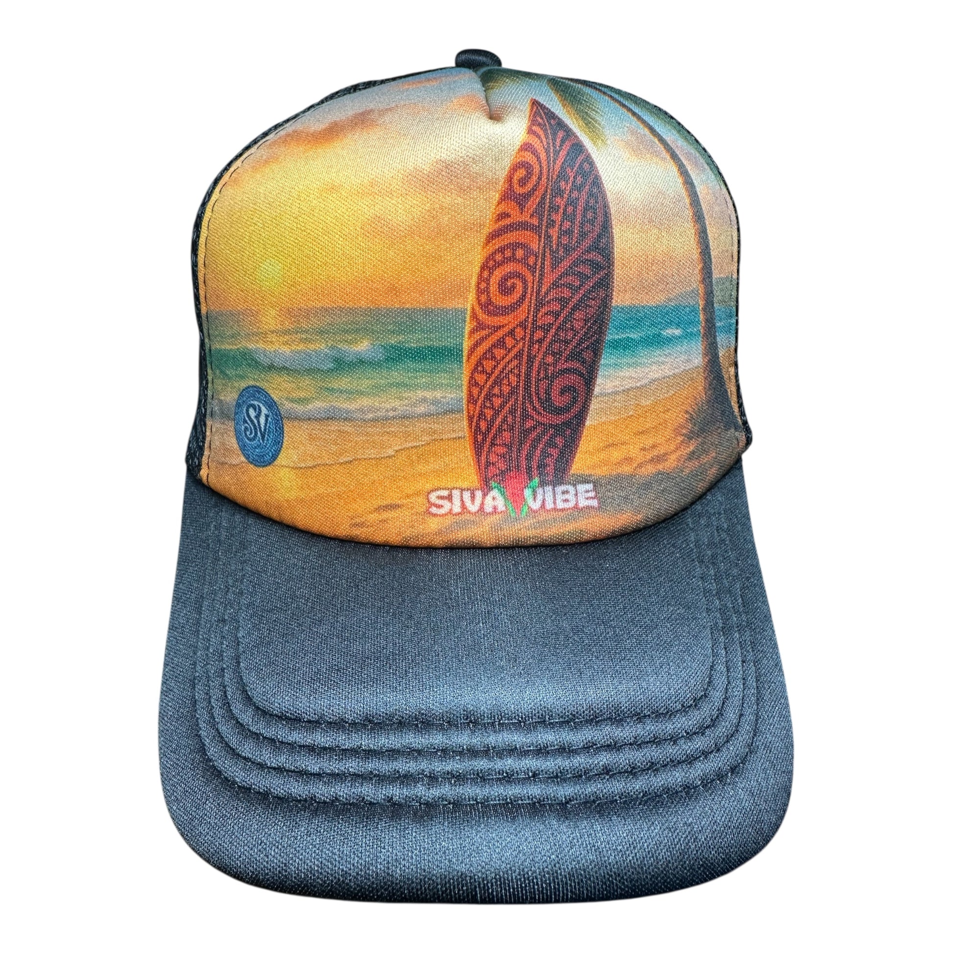 Sunset Mana Beach Trucker Hat Polynesian Surf Design – Front View