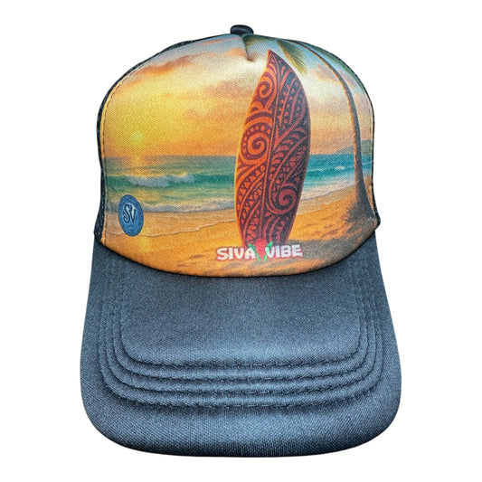 Sunset Mana Beach Trucker Hat Polynesian Surf Design – Front View