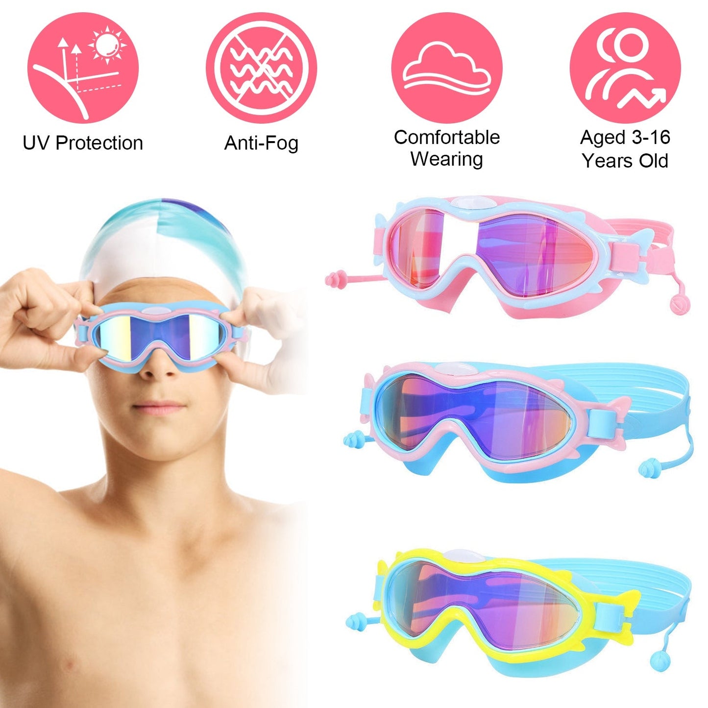 Kids Swim Goggles With Ear Plugs UV Protection Anti-Fog Leak Proof Wide View Pool Swimming Goggles For Youth Boys Girls Aged 3-16 Years Old Summer Bea