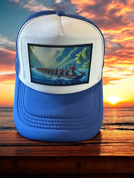 Fautasi foam trucker hat by Siva Vibe with white front panel and ocean blue bill — inspired by traditional Samoan boat races