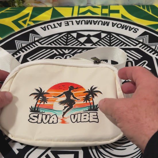 Video of Siva Vibe beige crossbody fanny pack being opened to show interior space — practical island-style gear for daily use and travel