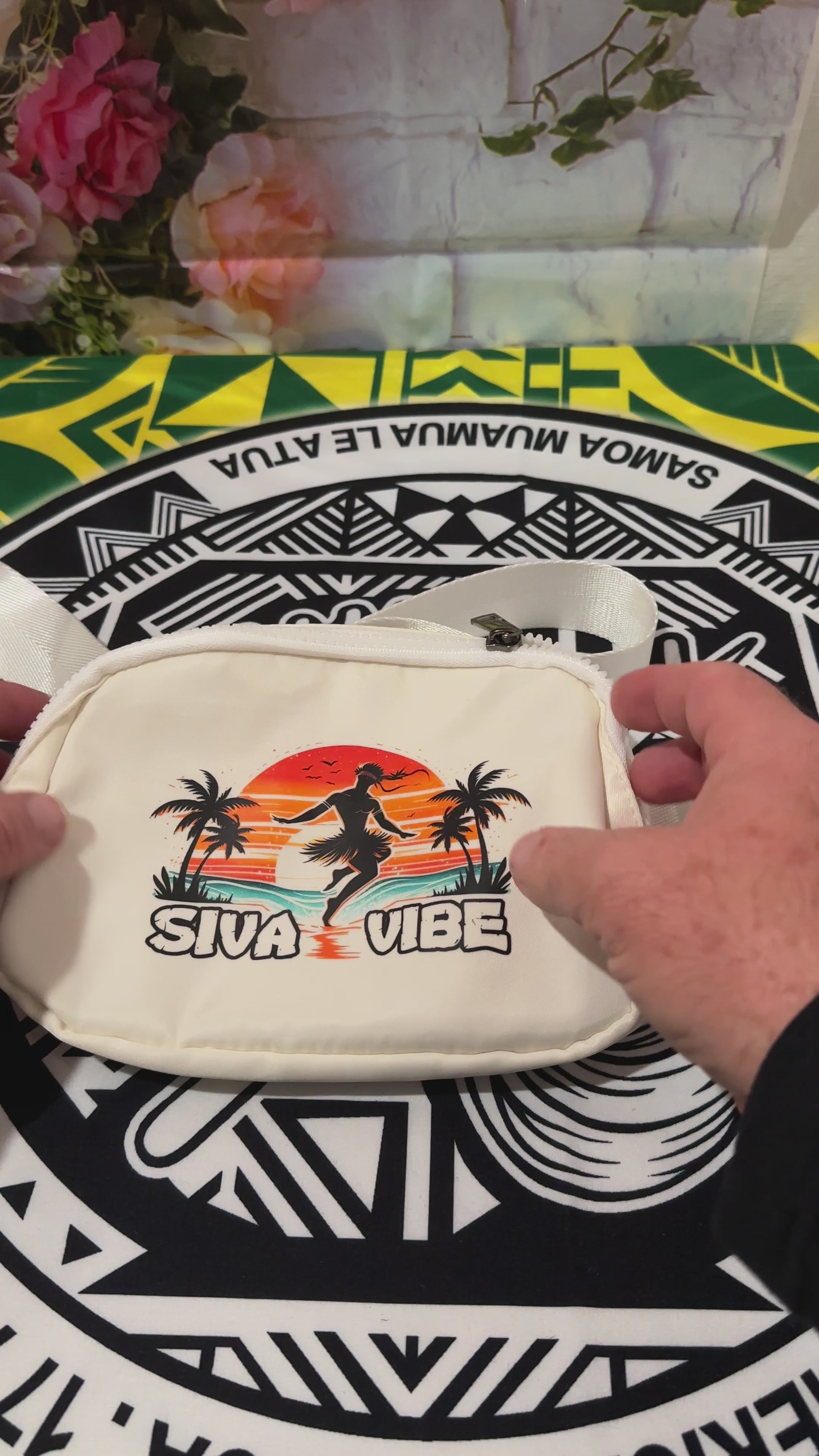 Video of Siva Vibe beige crossbody fanny pack being opened to show interior space — practical island-style gear for daily use and travel