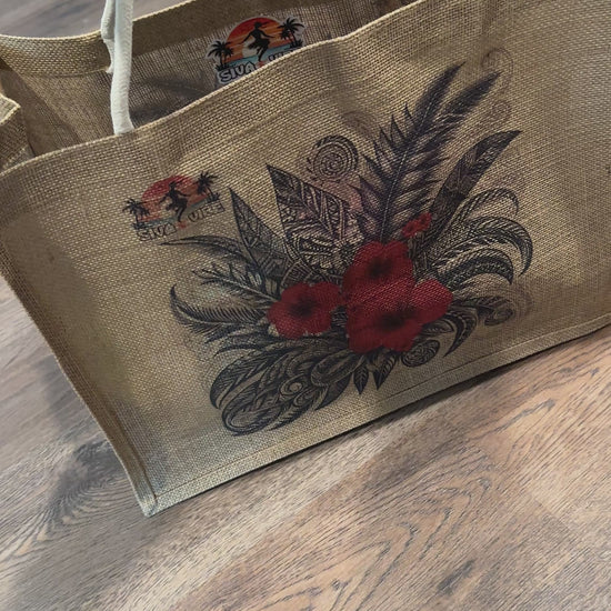 Alternate view of Siva Vibe black and red hibiscus jute bag — oversized reusable tote with island-inspired floral design