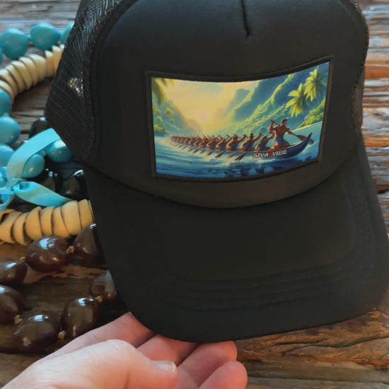 Video of all black Fautasi foam trucker hat by Siva Vibe — showcasing breathable mesh design and bold island style