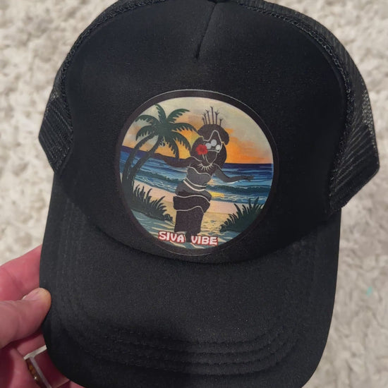 Video of all black Samoan Taupou patch trucker hat by Siva Vibe — showcasing cultural design and breathable foam mesh style