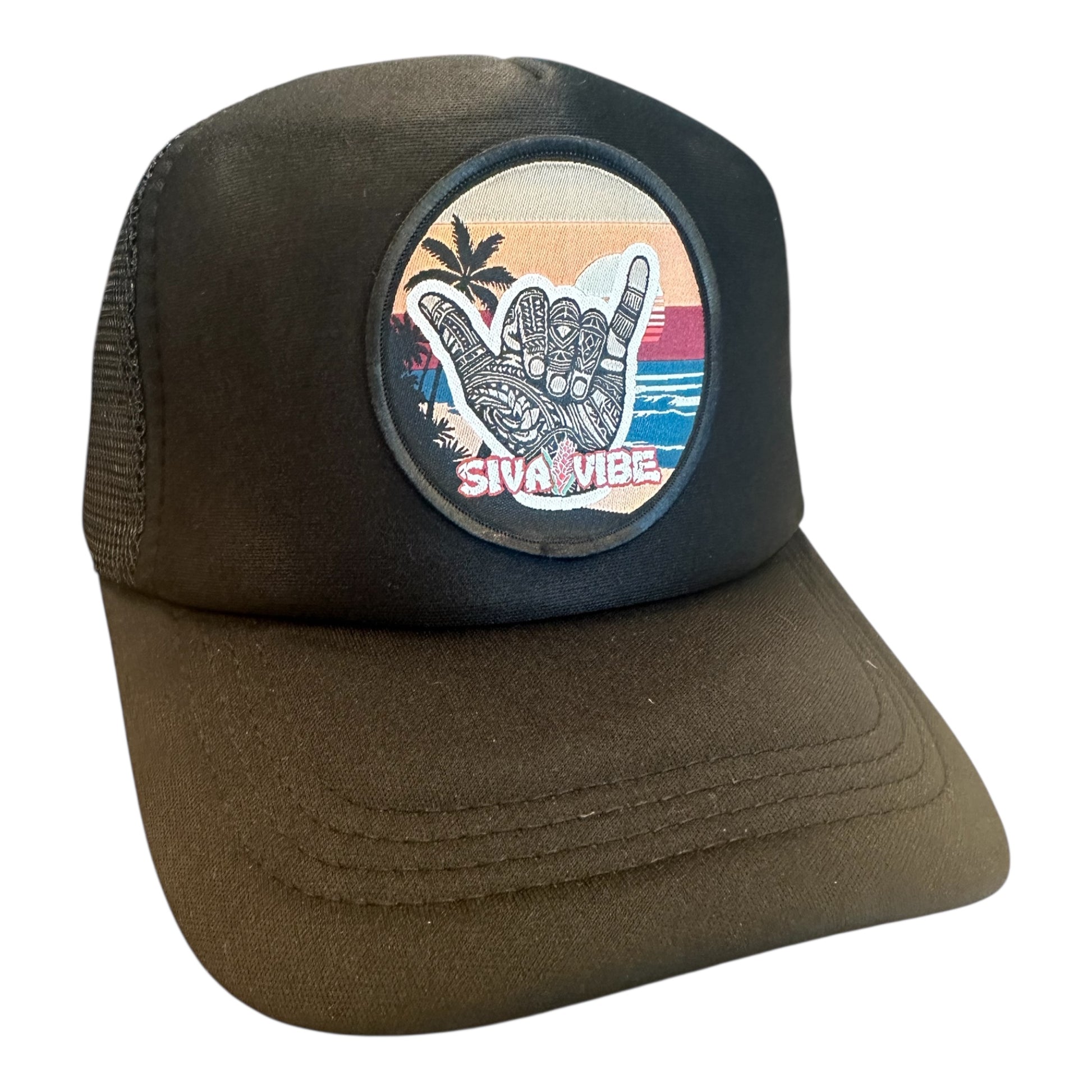 Shaka Black foam mesh trucker hat by Siva Vibe featuring bold island-style design with breathable fit