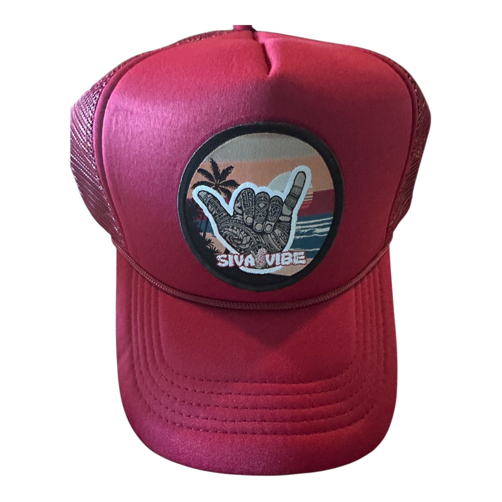 Front view of the Shaka Mystery Color foam trucker hat by Siva Vibe with breathable mesh and tropical style
