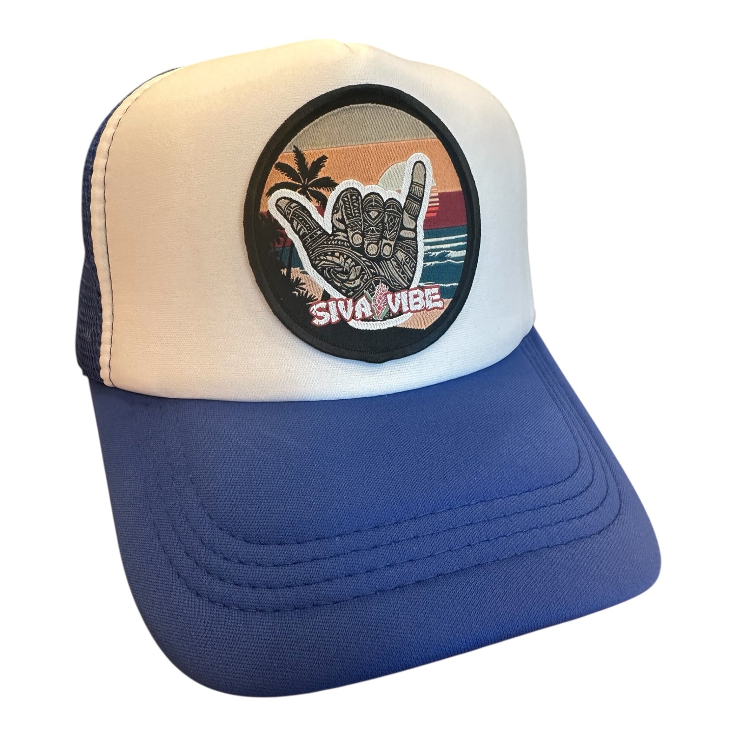 Shaka foam trucker hat by Siva Vibe with white front and blue bill and mesh — island vibes with a pop of color