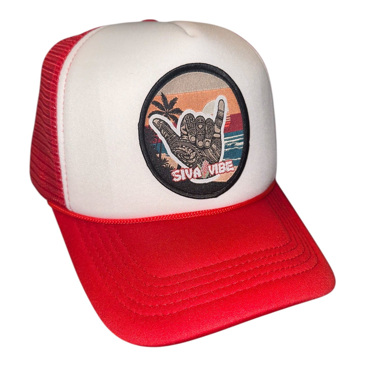 Shaka foam trucker hat by Siva Vibe with white front and red mesh and bill — bold island vibes for sunny adventures