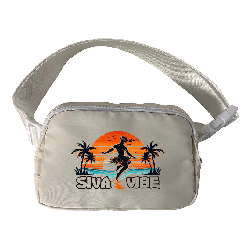 Front view of beige crossbody fanny pack by Siva Vibe featuring culturally inspired logo and tropical styling