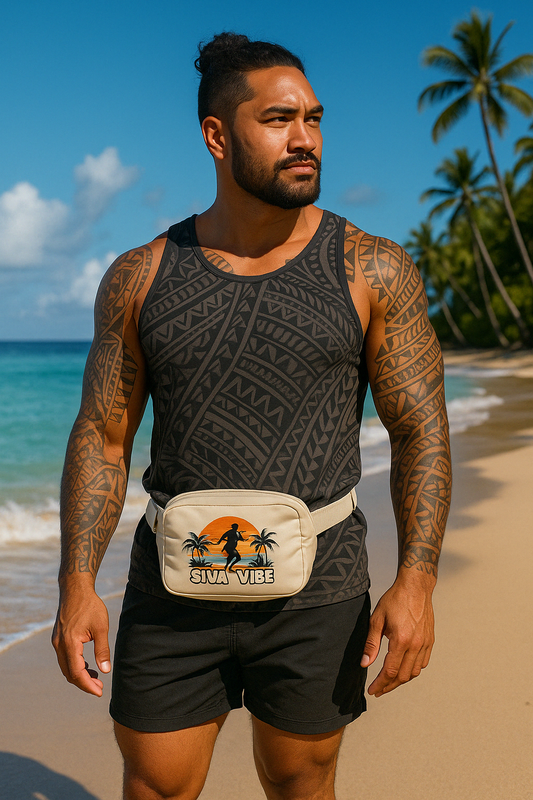 Man wearing beige Siva Vibe crossbody fanny pack on tropical beach — island-style gear for everyday adventures