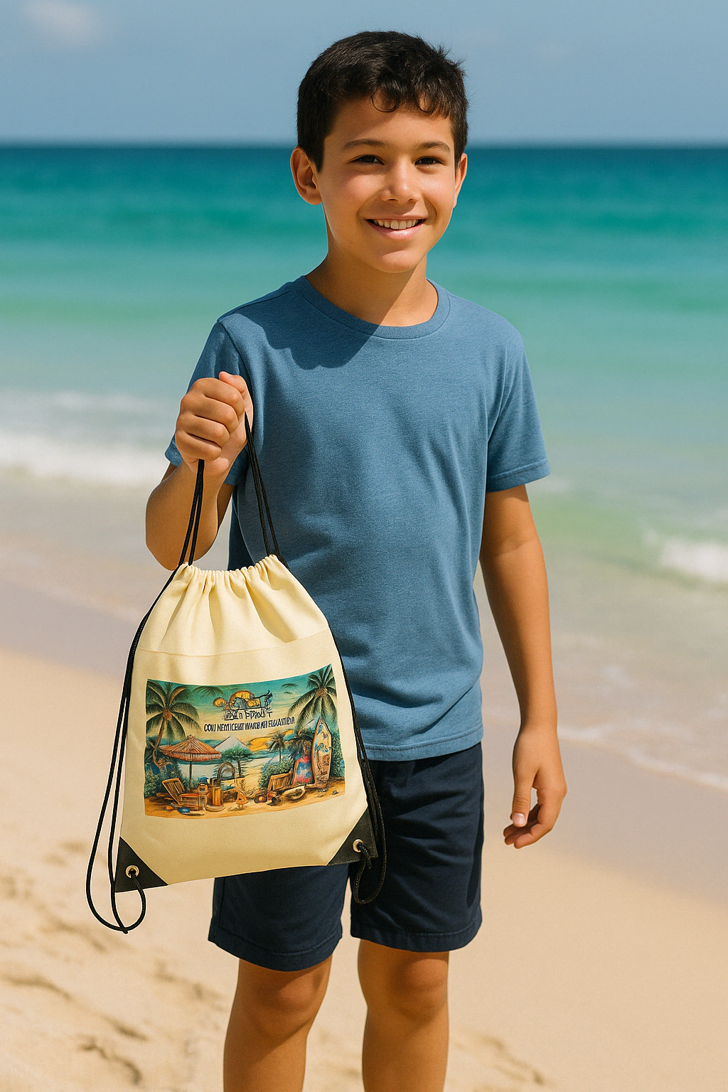 Lifestyle photo of boy holding Siva Vibe drawstring backpack on the beach — island-ready gear for all ages