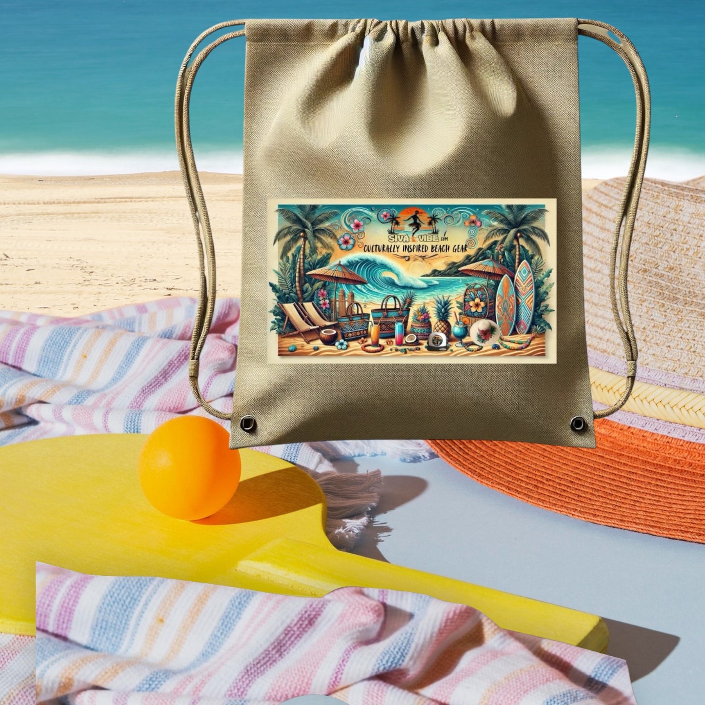 Front view of Siva Vibe drawstring backpack with culturally inspired logo — lightweight and perfect for beach or everyday use