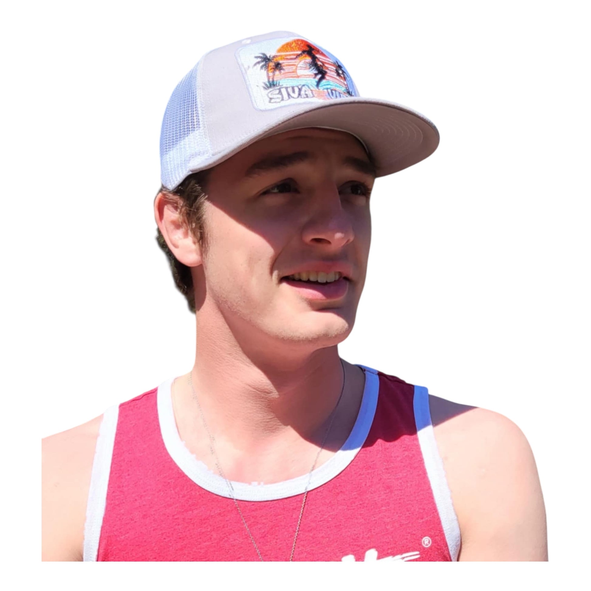 Young man wearing Siva Vibe gray logo trucker hat — modern island-inspired headwear for any occasion