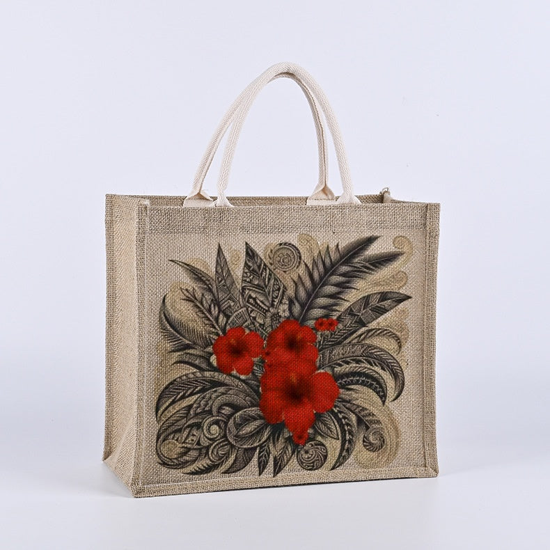 Siva Vibe jute burlap XL bag featuring black and red hibiscus print — cultural island design for shopping or beach trips